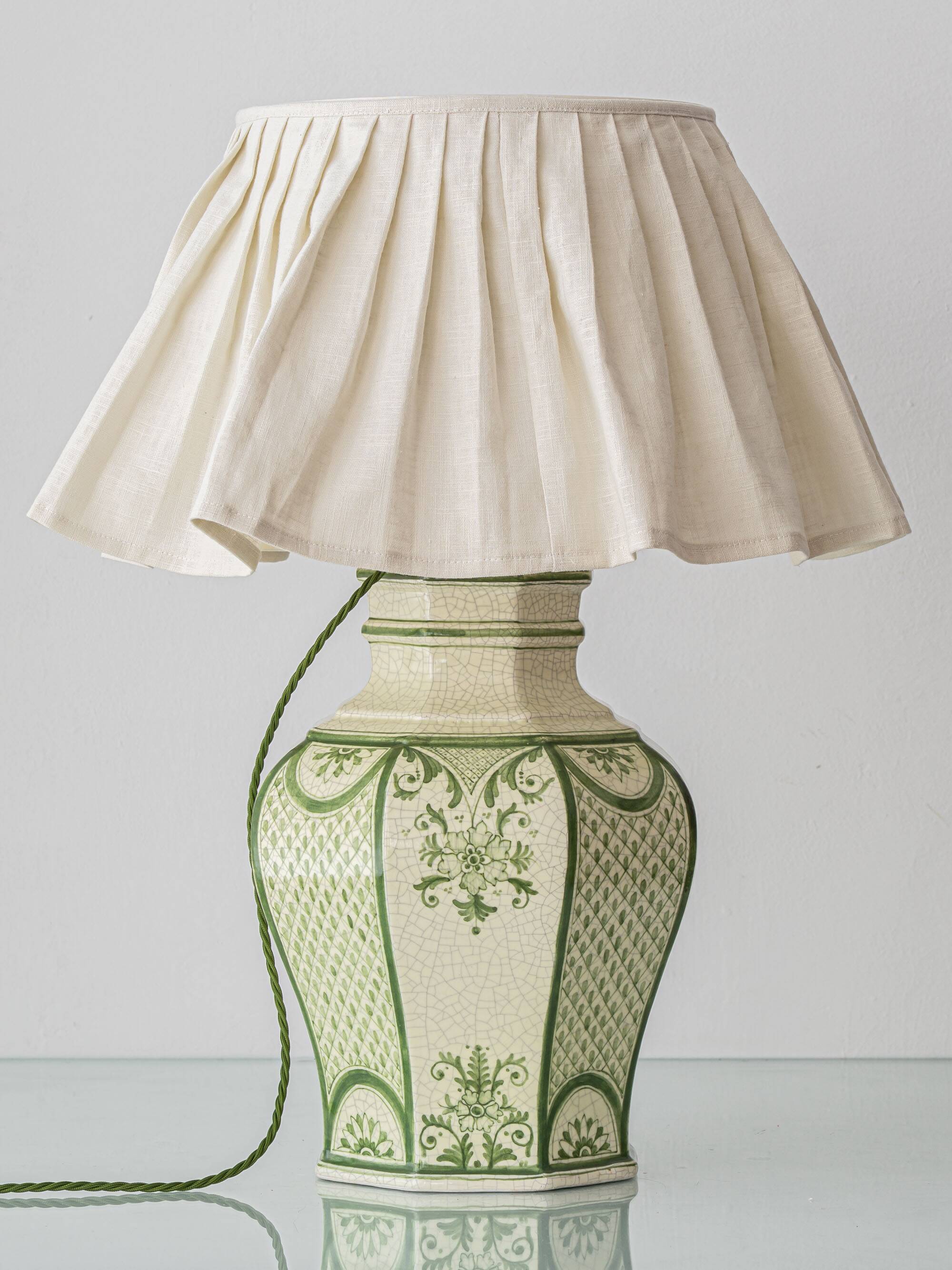 Spanish Revival Table Lamp in Green Ivory Crackle Ceramic, New Linen Shade