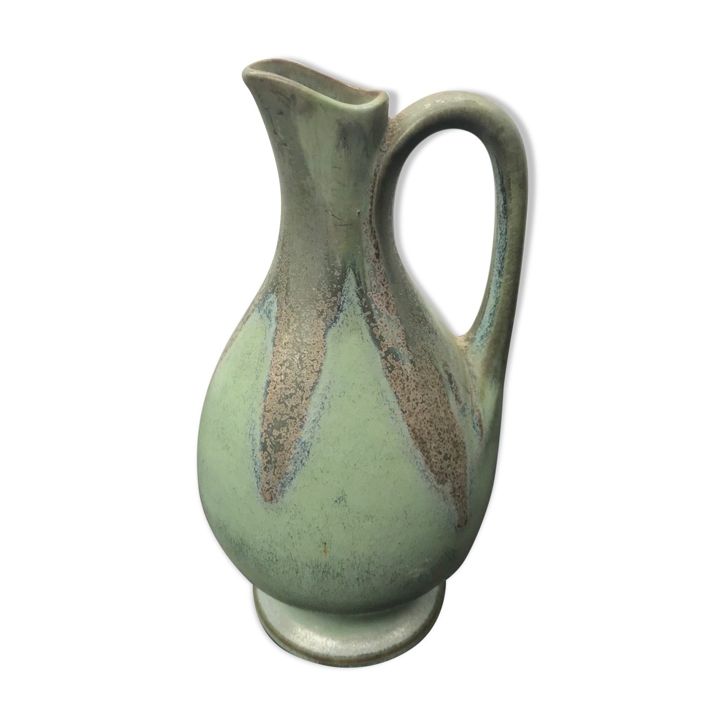 Former Green Ceramic Pitcher Signed 70s Vintage