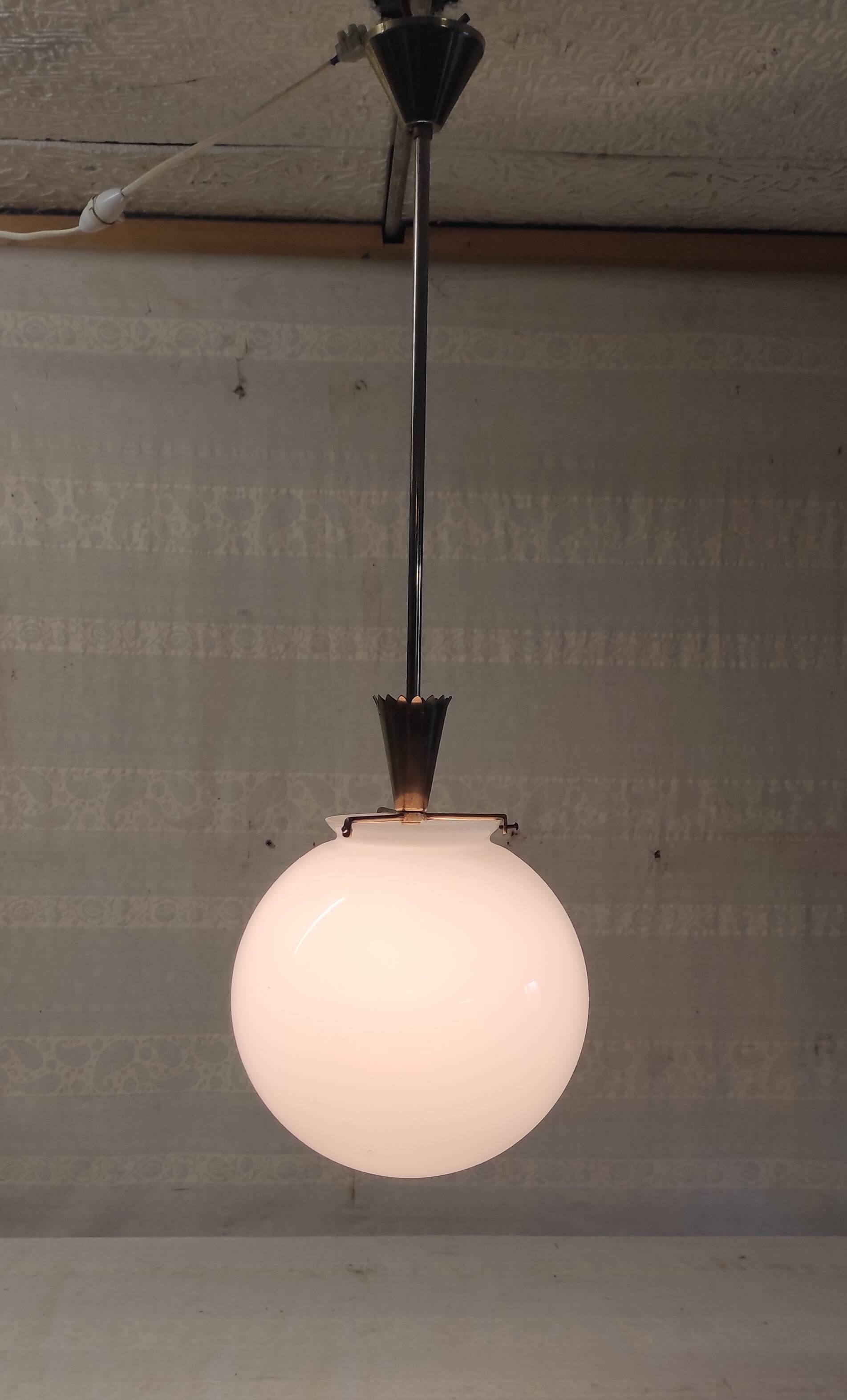 25 cm opaline globe and brass pendant light - 1940s/1950s