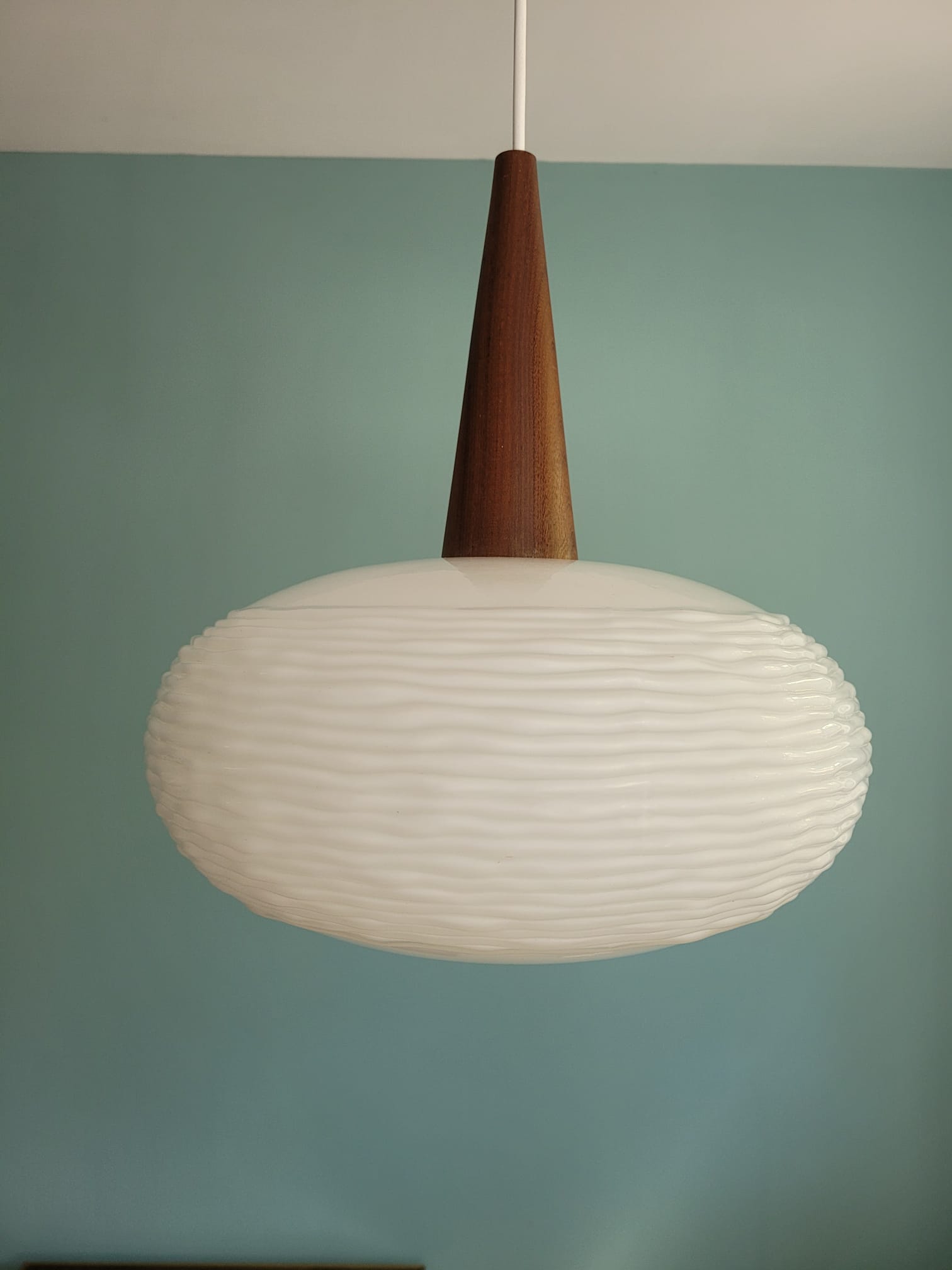 Scandinavian suspension in opaline and teak, 60s