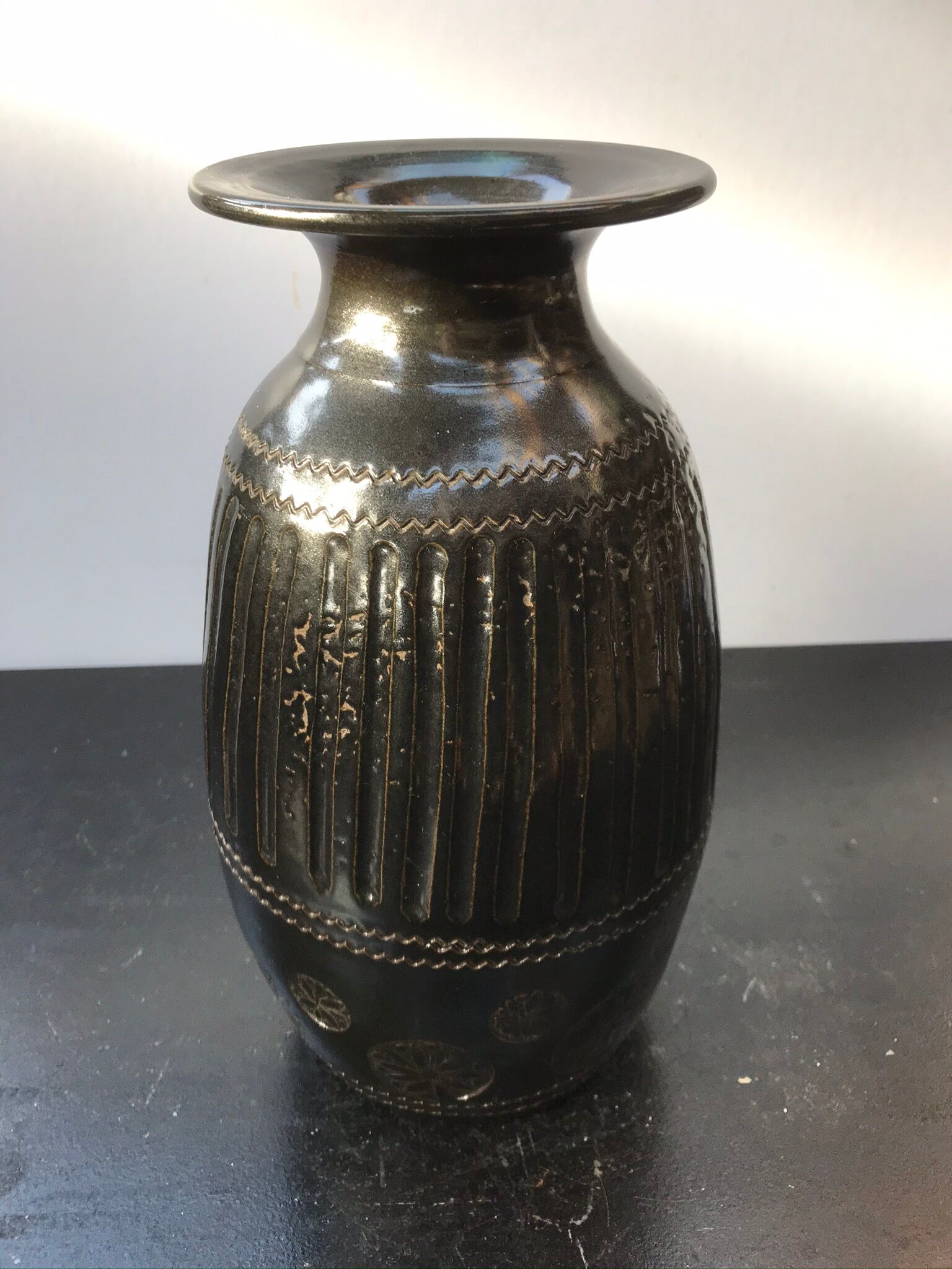 Former Black Brown Ceramic Vase Enamelled Signed HOPWILLER Vintage