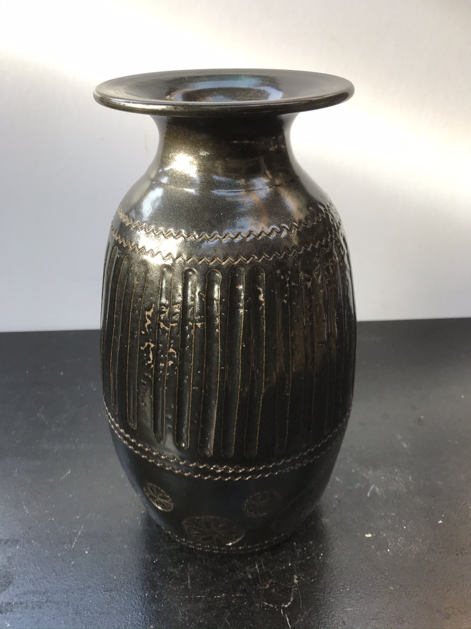 Former Black Brown Ceramic Vase Enamelled Signed HOPWILLER Vintage