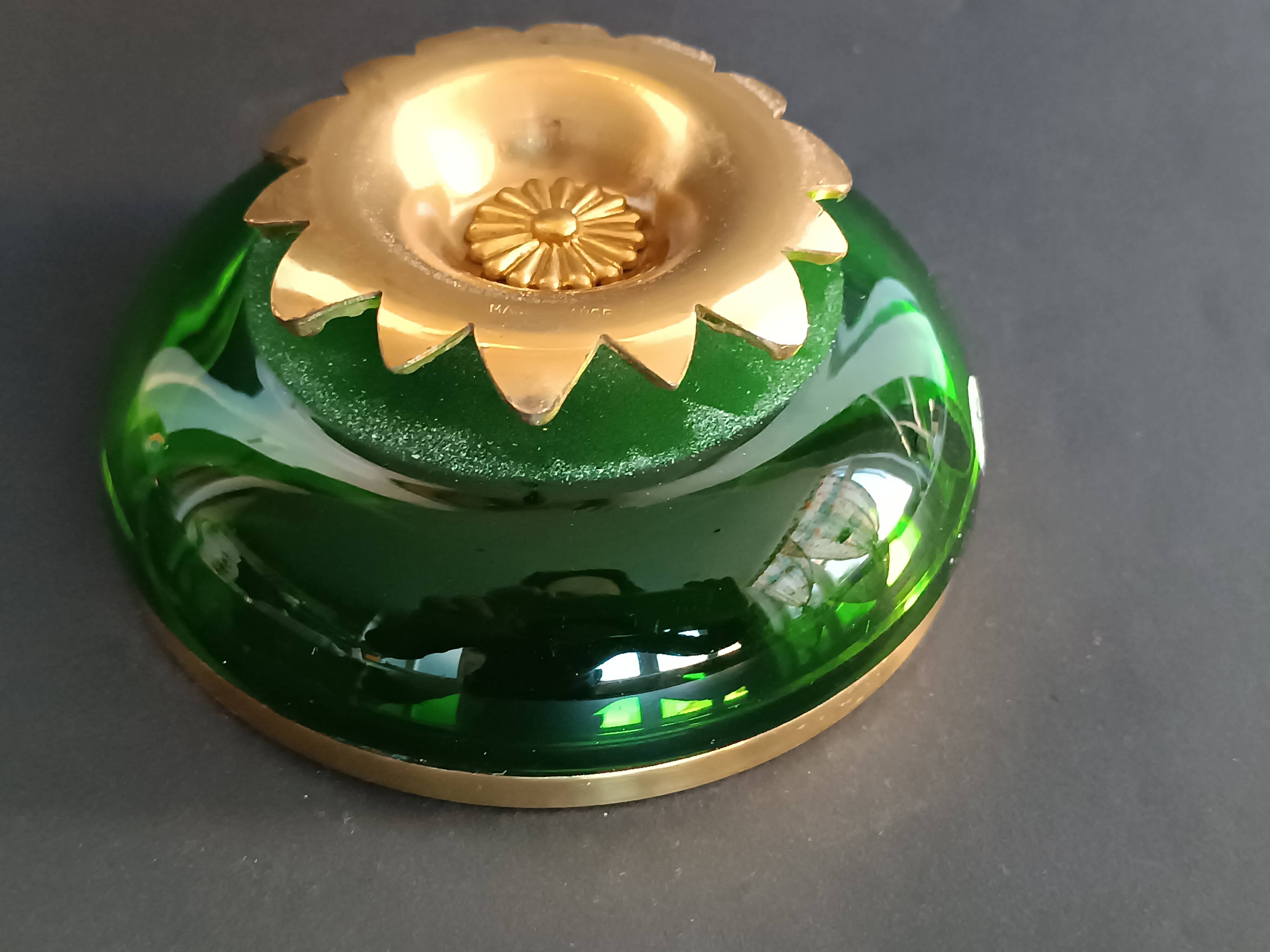 Green crystal and gilt brass bowl by Cristal & Bronze Paris