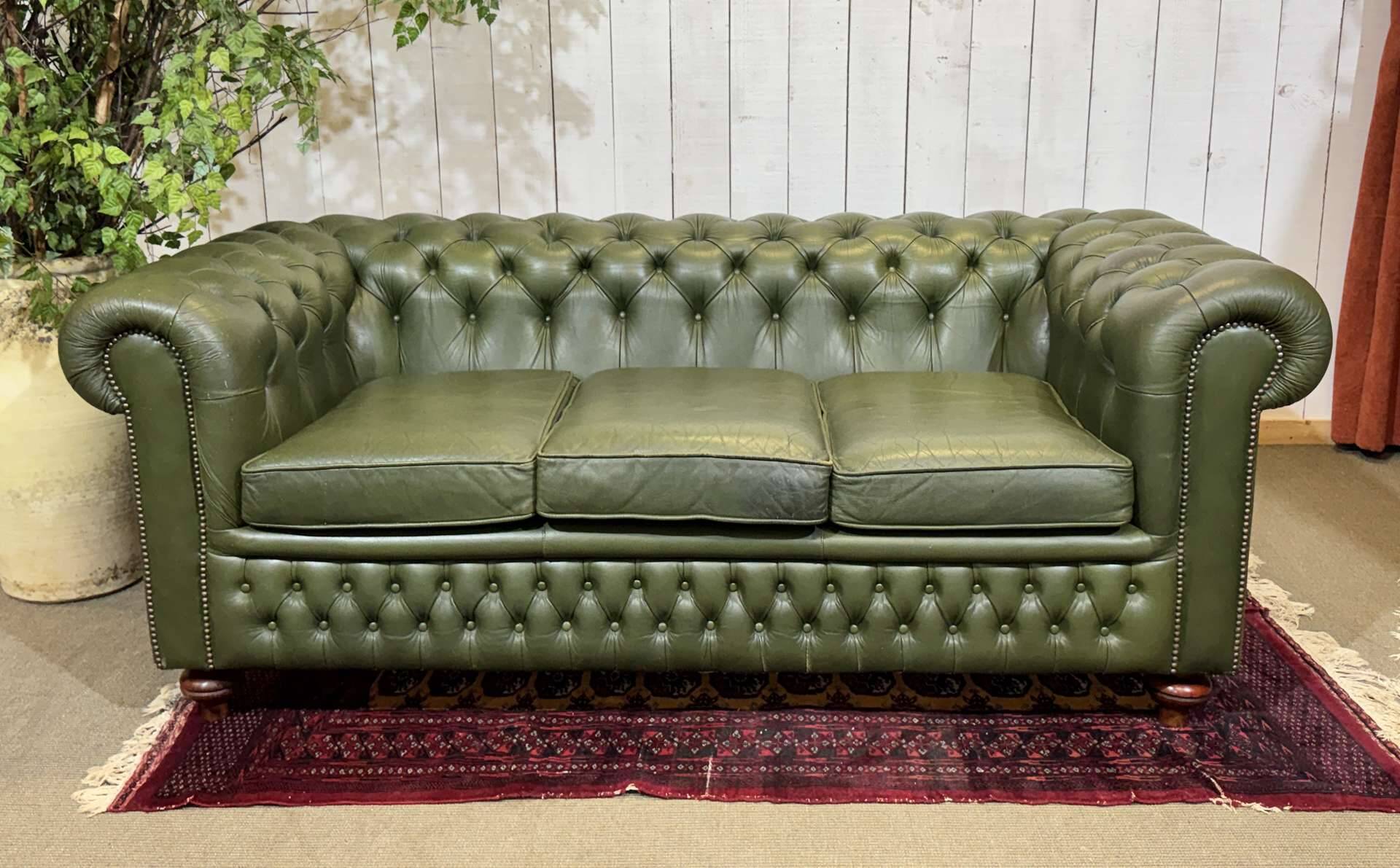 Chesterfield leather 3-seater sofa with mahogany legs - English craftsmanship