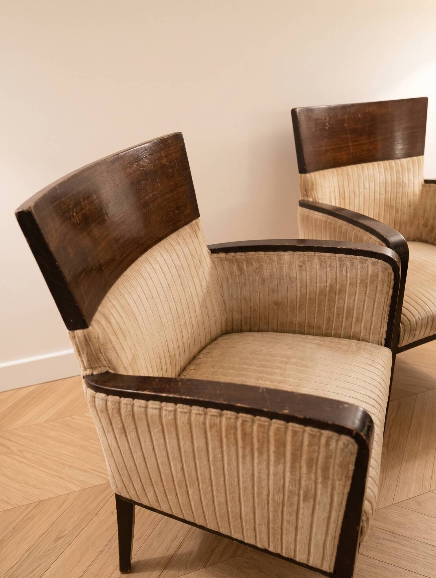 Pair of Art Deco Montbel dining chairs in beige velvet
