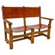 Banc de château brutaliste ancien fait main en chêne et cuir cognac, années 1920.