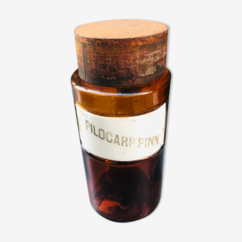 Pot apothicaire verre ambré 19ème étiquette porcelaine PILOCARP PINN