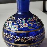 Vase boule bleu cobalt/Motifs floraux & liseré or en relief peints main