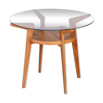 Mid-century small round table, jitona sobeslav, oak, glass, czechia, 1950s