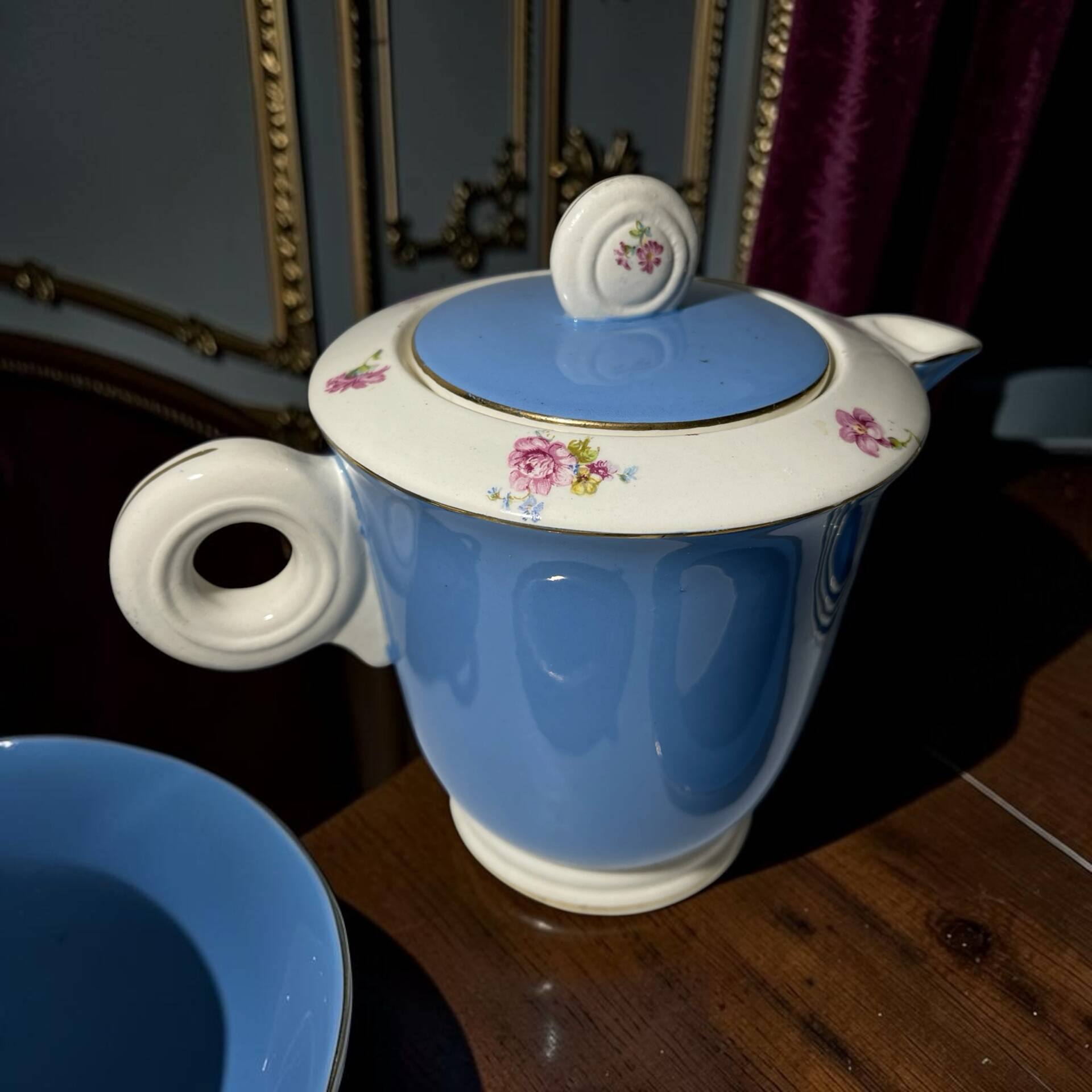 Service à café vintage Digoin Sarreguemines – 9 personnes – Bleu & fle