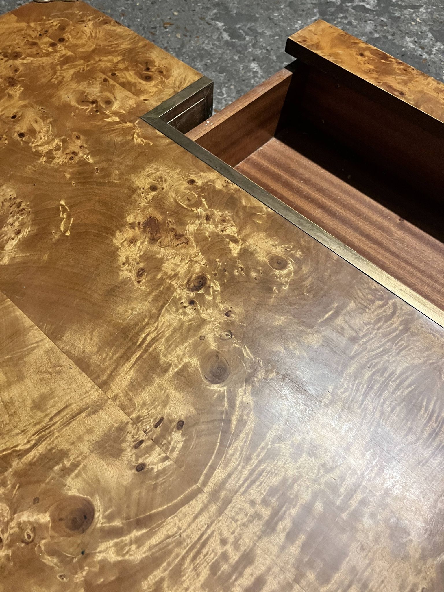 designer coffee table in elm burl with integrated drawers, Roche Bobois 1970