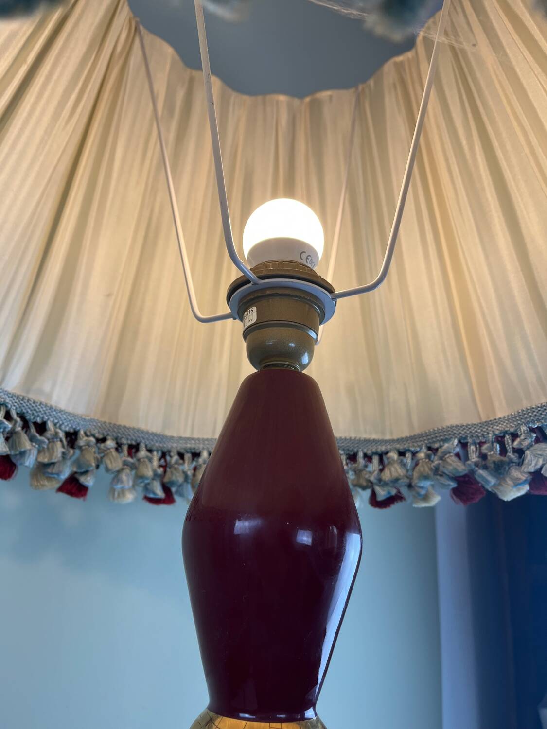 Grande lampe vintage en céramique rouge signée Drimmer – abat-jour pl