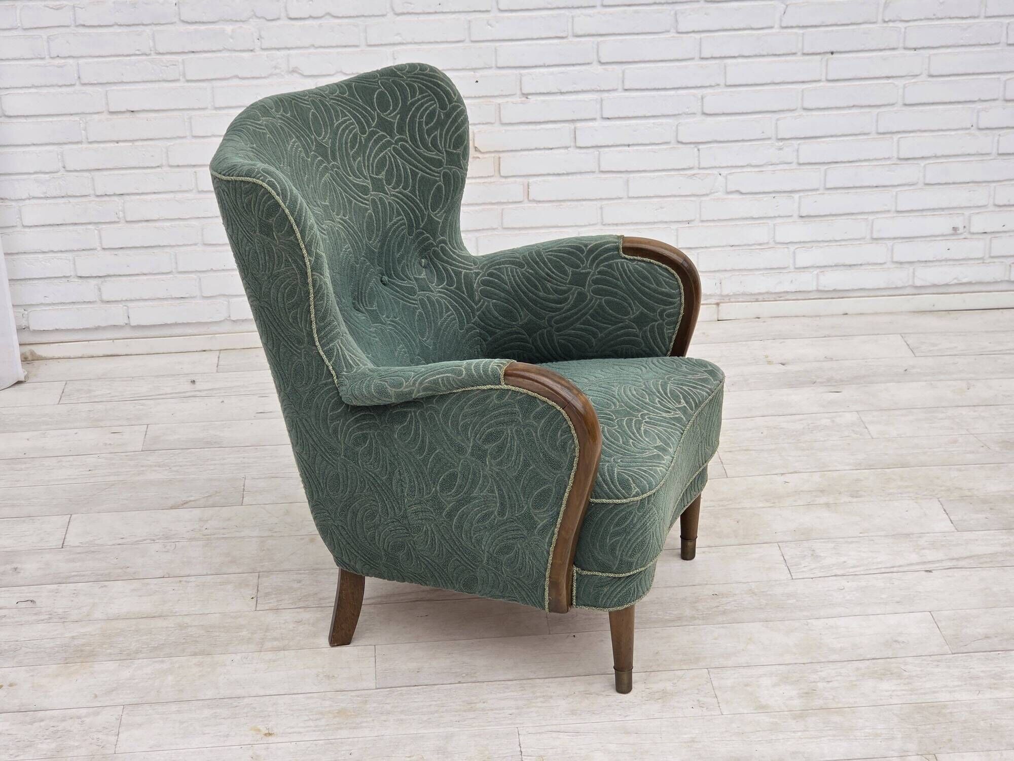 1960s, Danish armchair, green furniture velour, beech wood.
