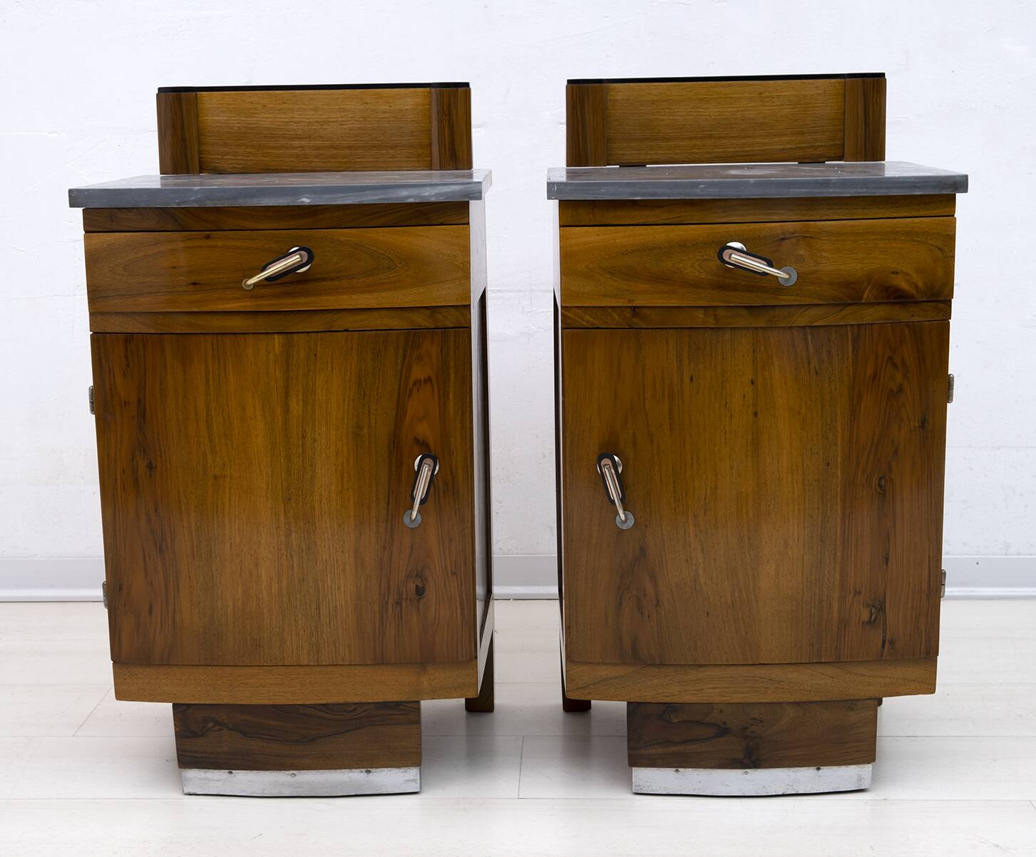 Pair of Art Dèco Italian Walnut and Grafite Gray Marble Bedside Tables,1920