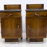 Pair of Art Dèco Italian Walnut and Grafite Gray Marble Bedside Tables,1920