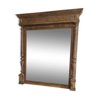 Ancien trumeau cheminée colonnes miroir mercure biseauté bois massif brut rectangulaire mouluré moulures biseau