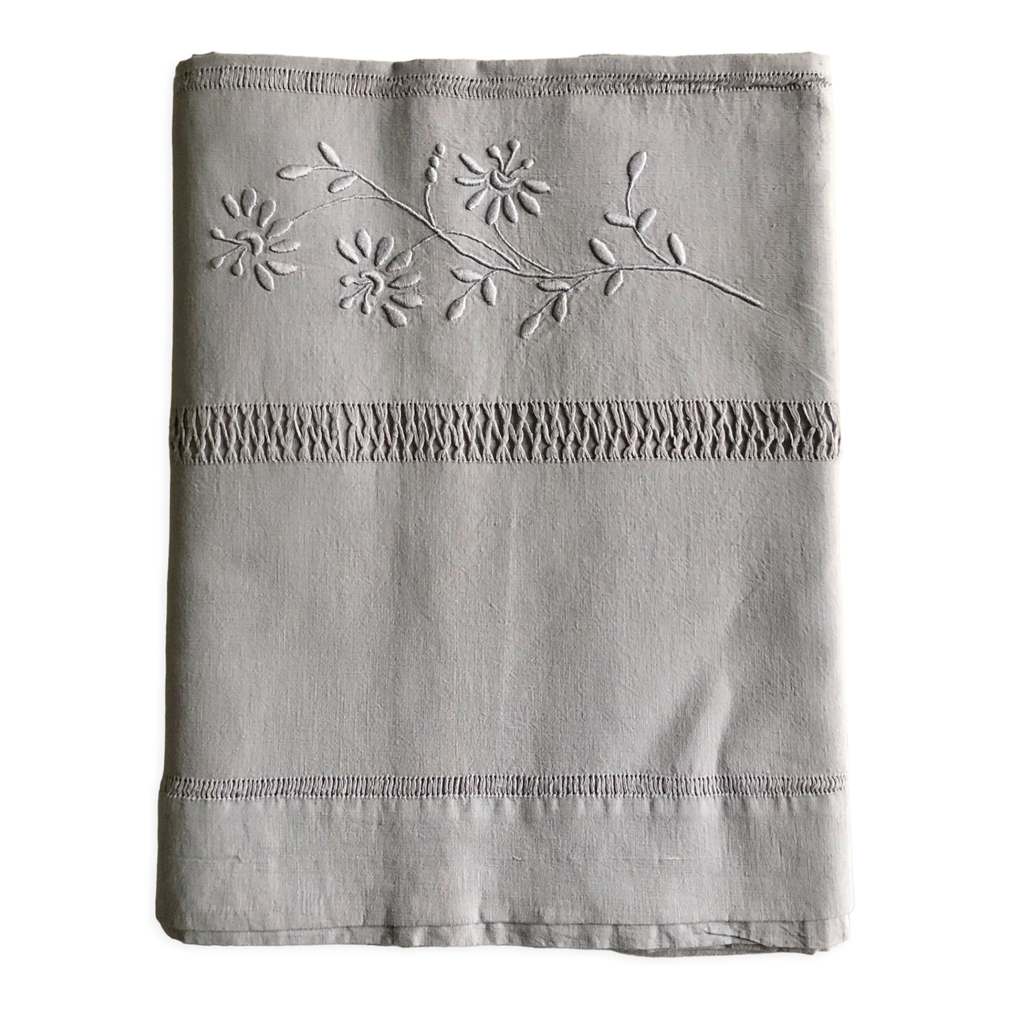 Drap ancien en lin et coton teinté en gris tourterelle
