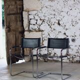 Cantilever armchair in chromed metal and black leather, 1970