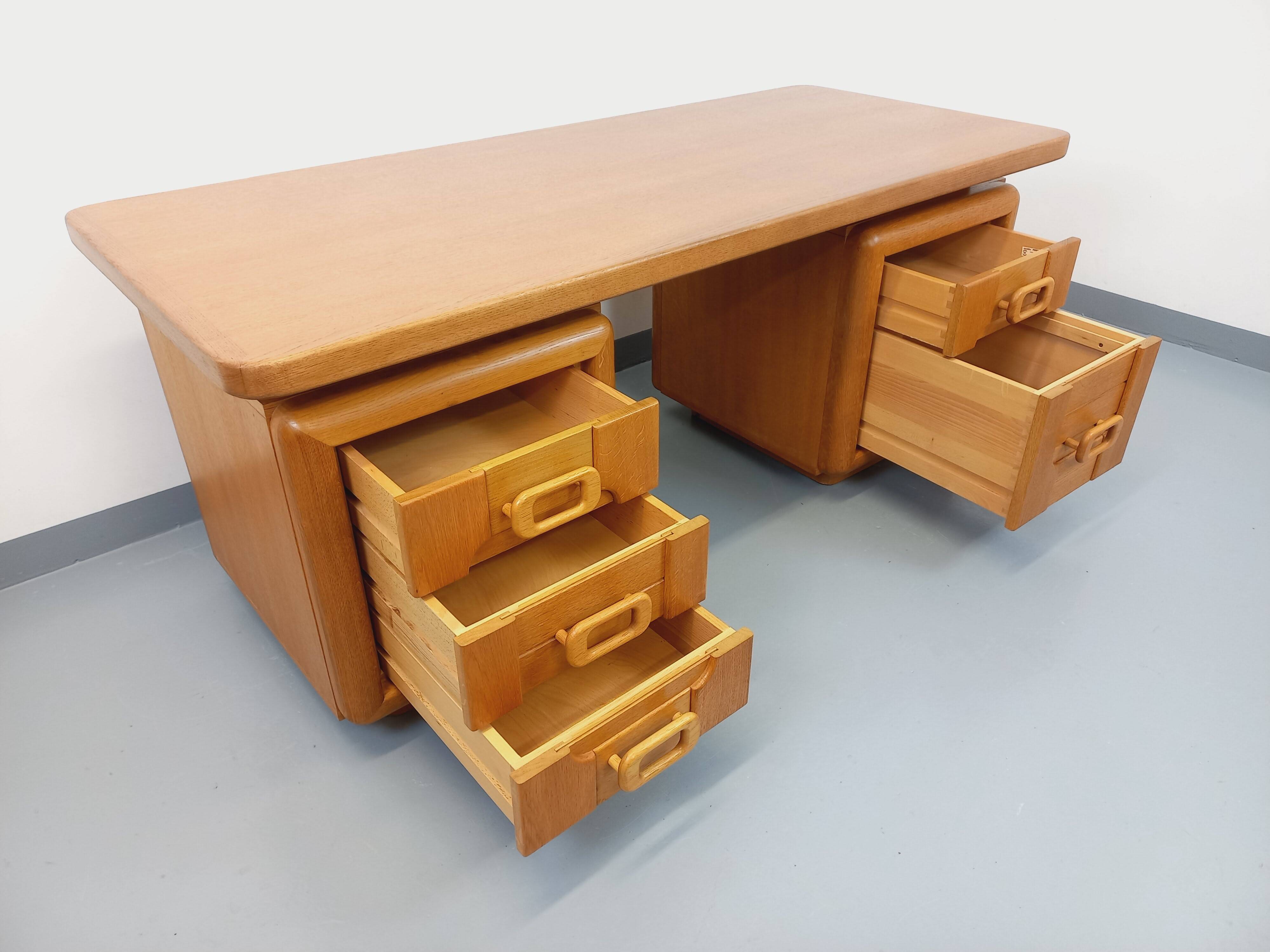 Large vintage double-sided executive desk in oak wood from the 70s
