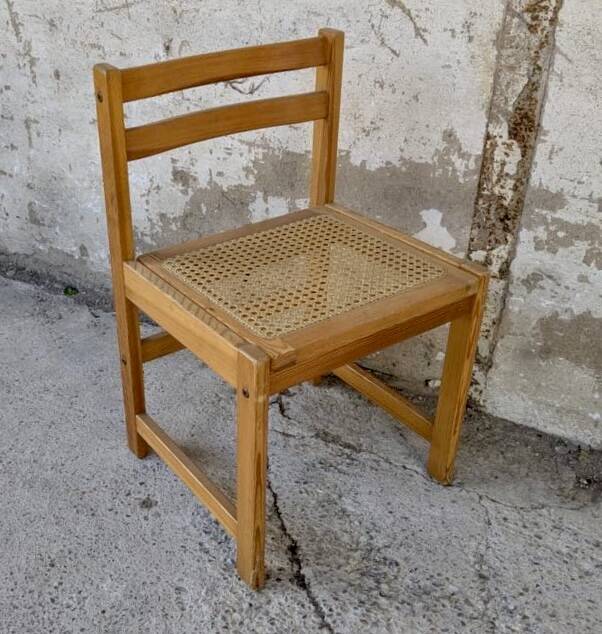 Set of 4 vintage pine chairs with cane seats