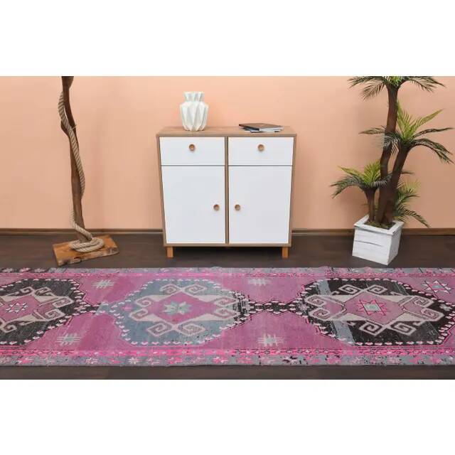 1970s Turkish Hand-Knotted Wool Cotton Purple Runner Rug 102x373
