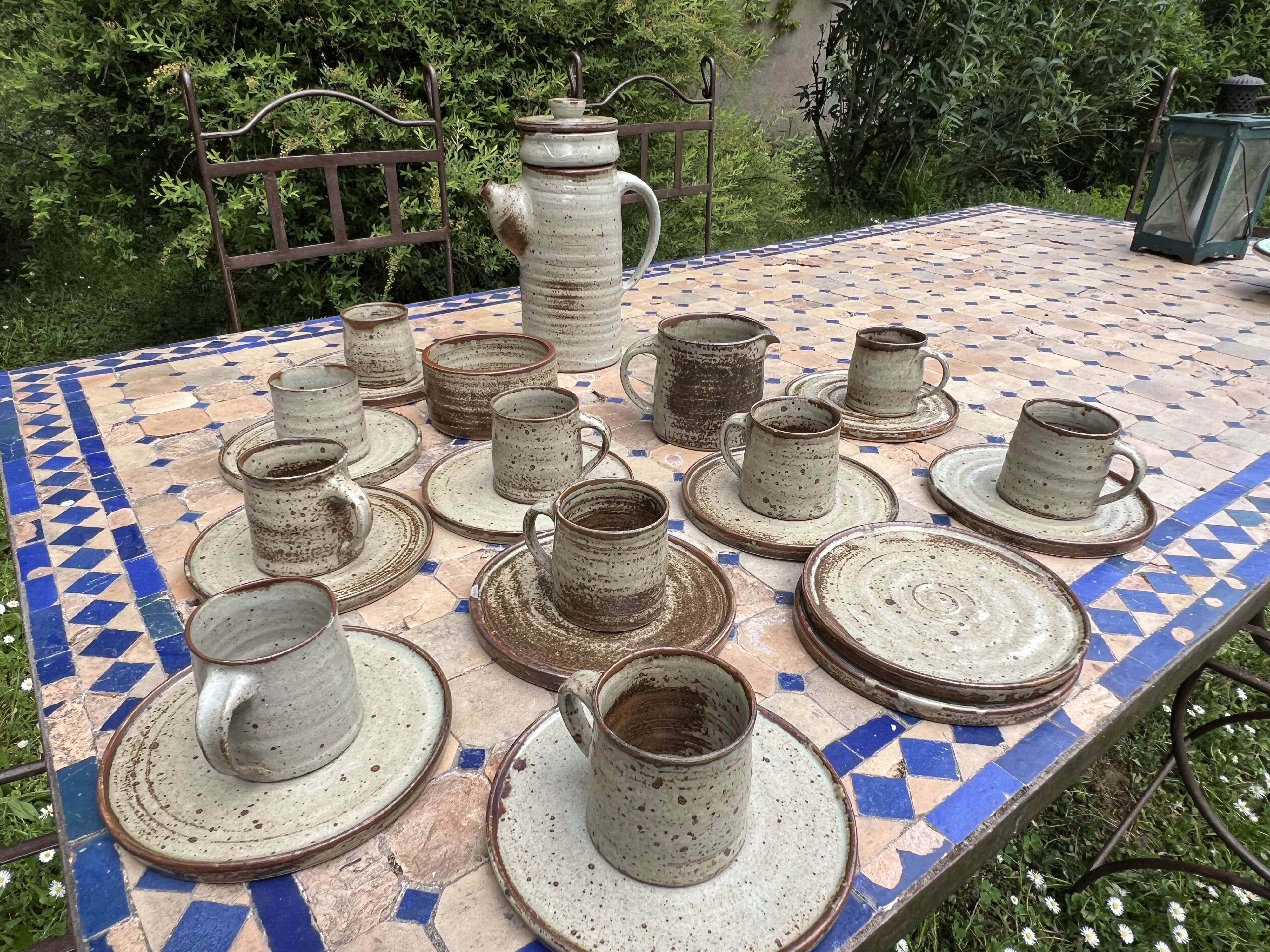 Vintage coffee and tea set in glazed stoneware from Puis potters - 15 pieces