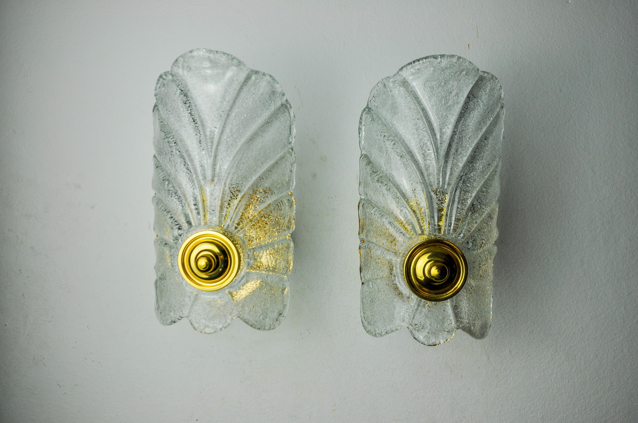 Pair of frosted leaf sconces, murano glass, italy, 1970