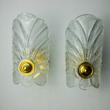 Pair of frosted leaf sconces, murano glass, italy, 1970