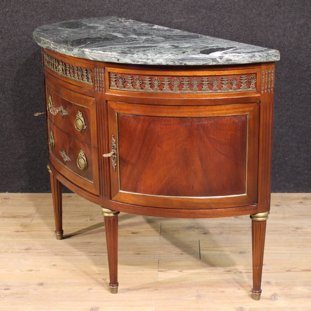 French Louis XVI style half-moon commode with marble top