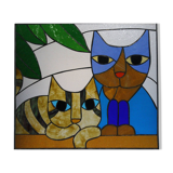 Vitrail artisanal vintage – motif chats – 60 × 68 cm – pièce unique en verre