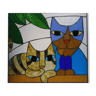 Vitrail artisanal vintage – motif chats – 60 × 68 cm – pièce unique en verre