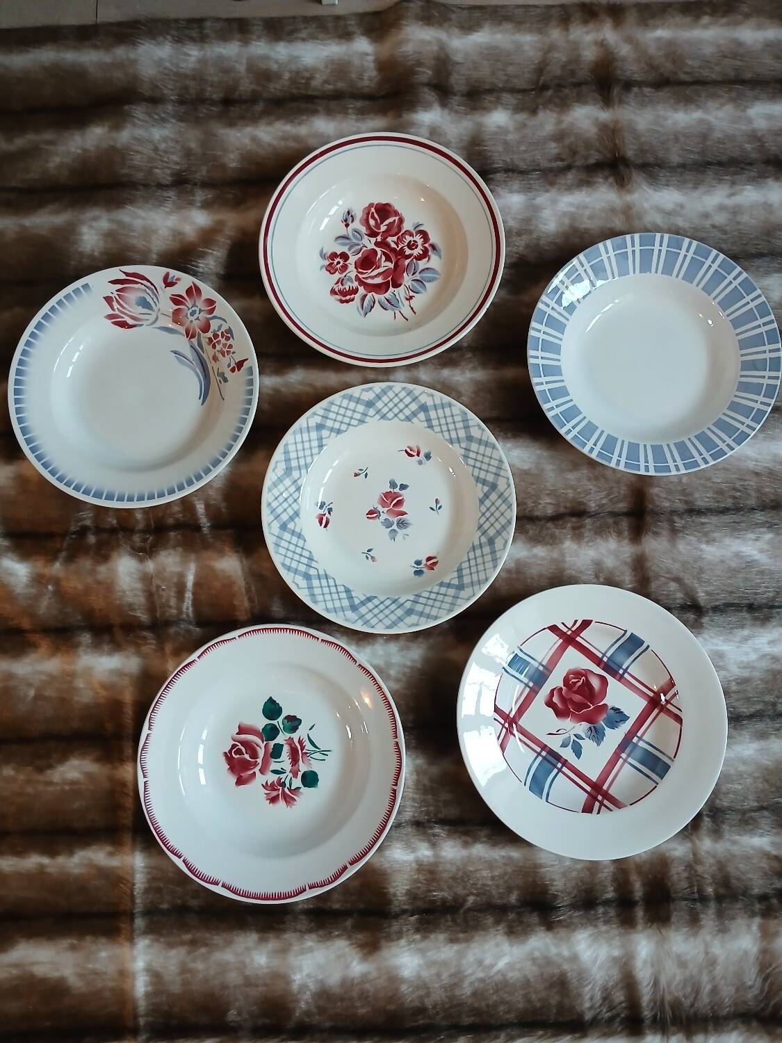 6 mismatched antique deep plates