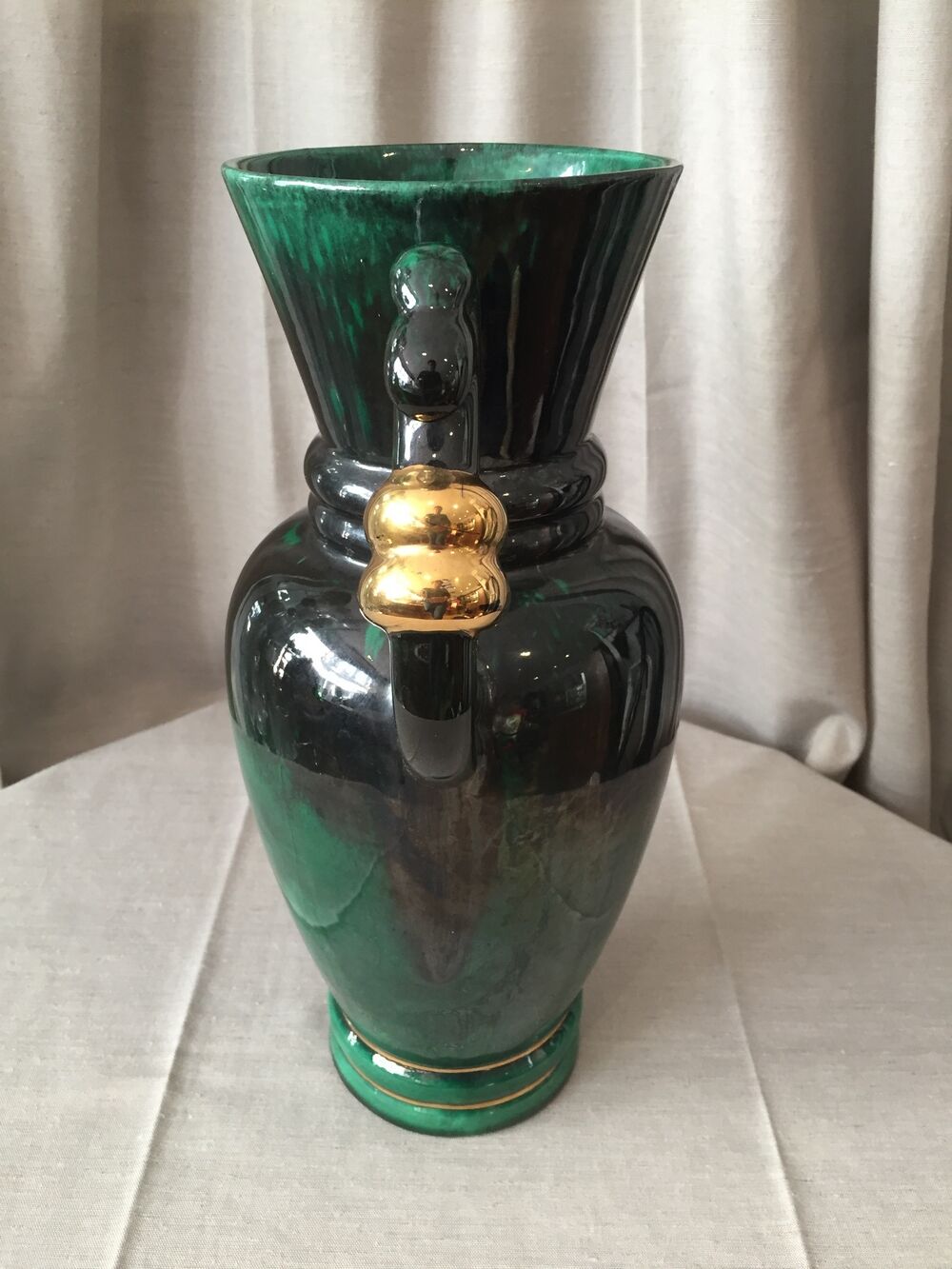 Vase in light green and dark ceramic and golden years 1950
