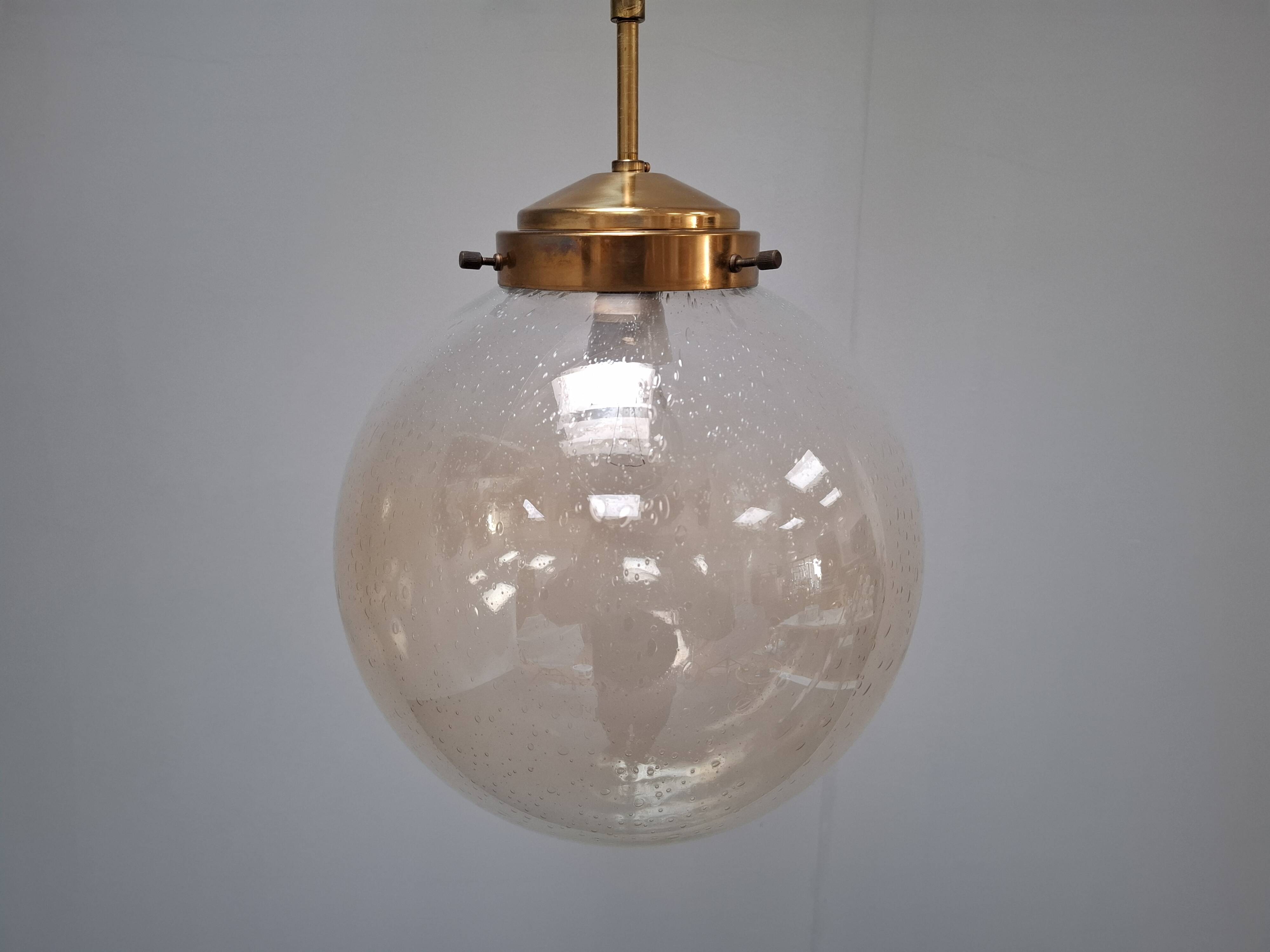 Midcentury Brass and Smoked Bubble Glass Pendant by Kamenický Šenov, 1960s