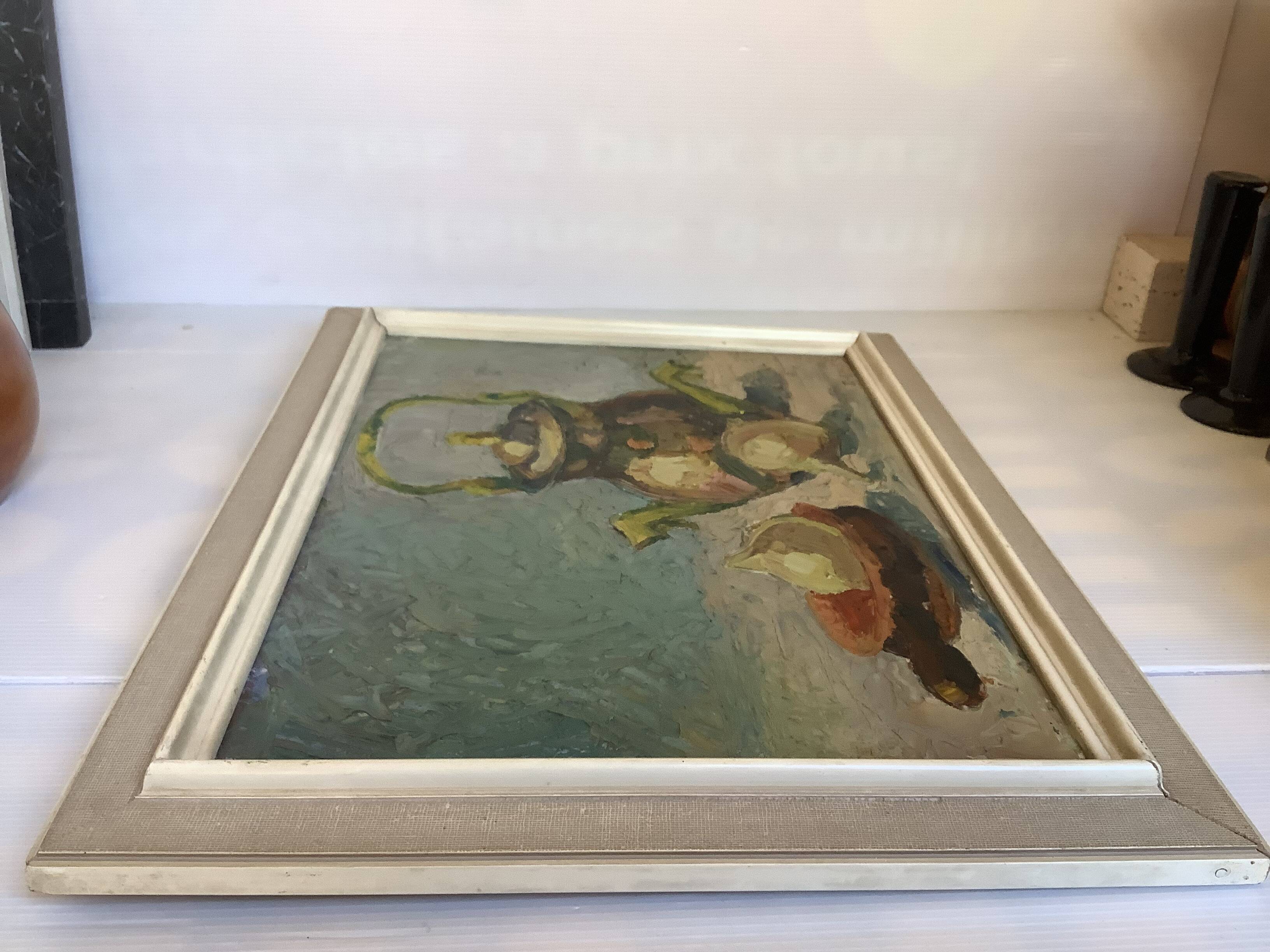 Still life with knife on cardboard signed