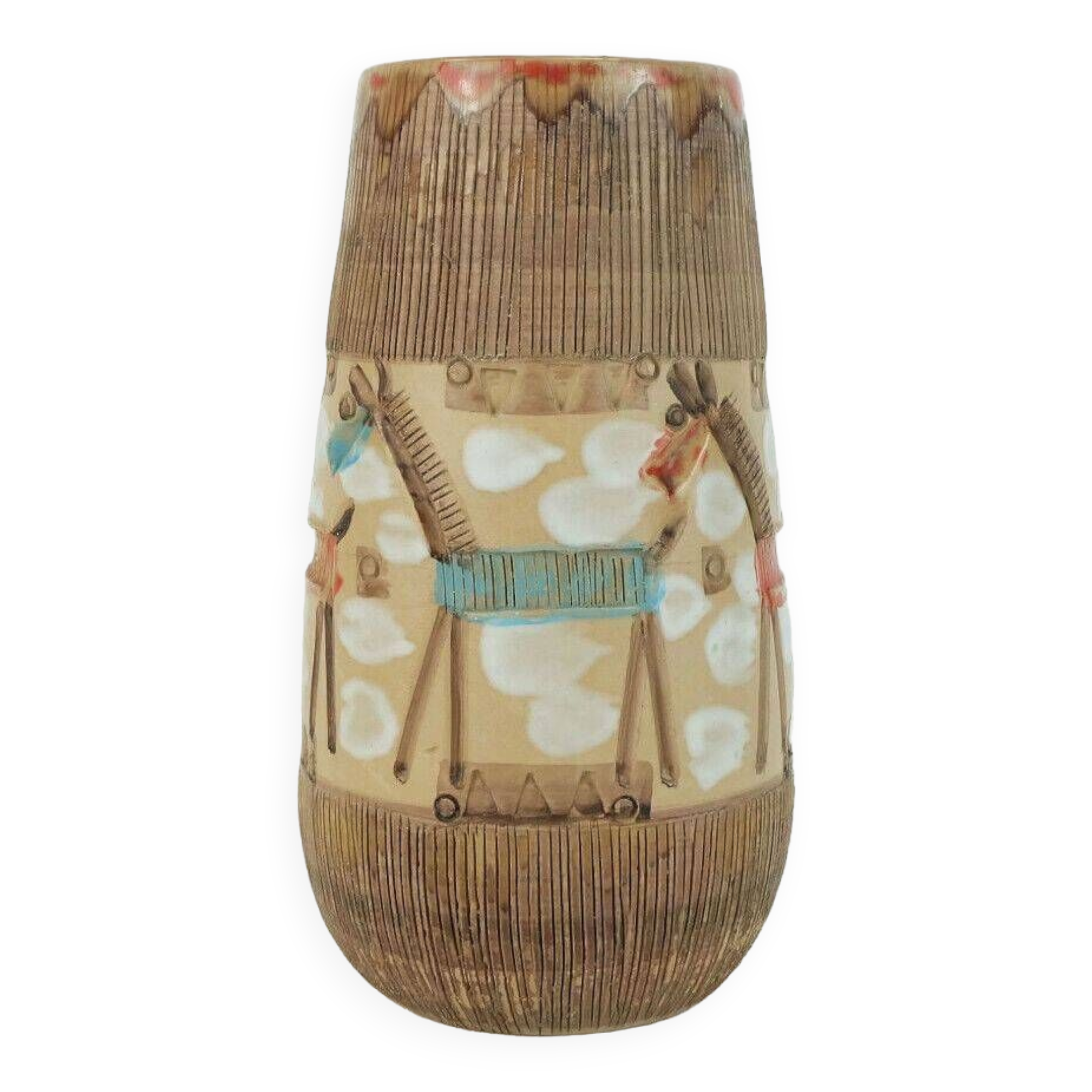 Italian mid century vase fratelli fanciullacci horse sgraffito decor rare glaze variation