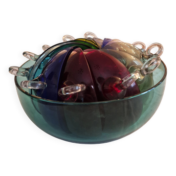 Service à dessert / punch vintage en verre soufflé multicolor (13 pièces) -