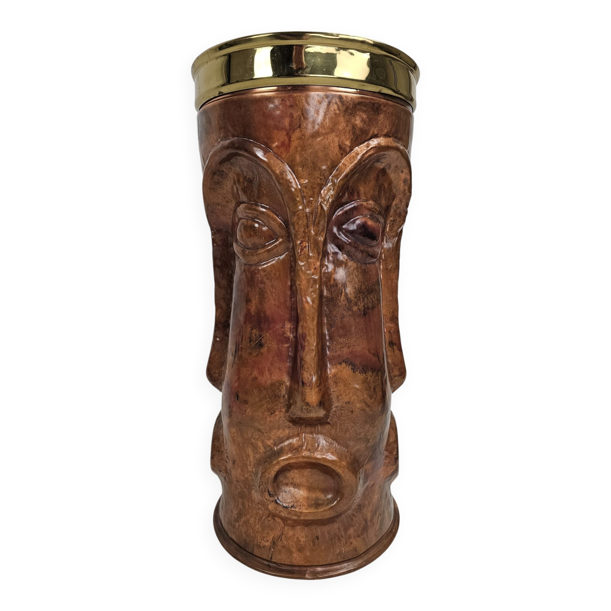 Sculptural copper umbrella stand with tribal faces, 1970s