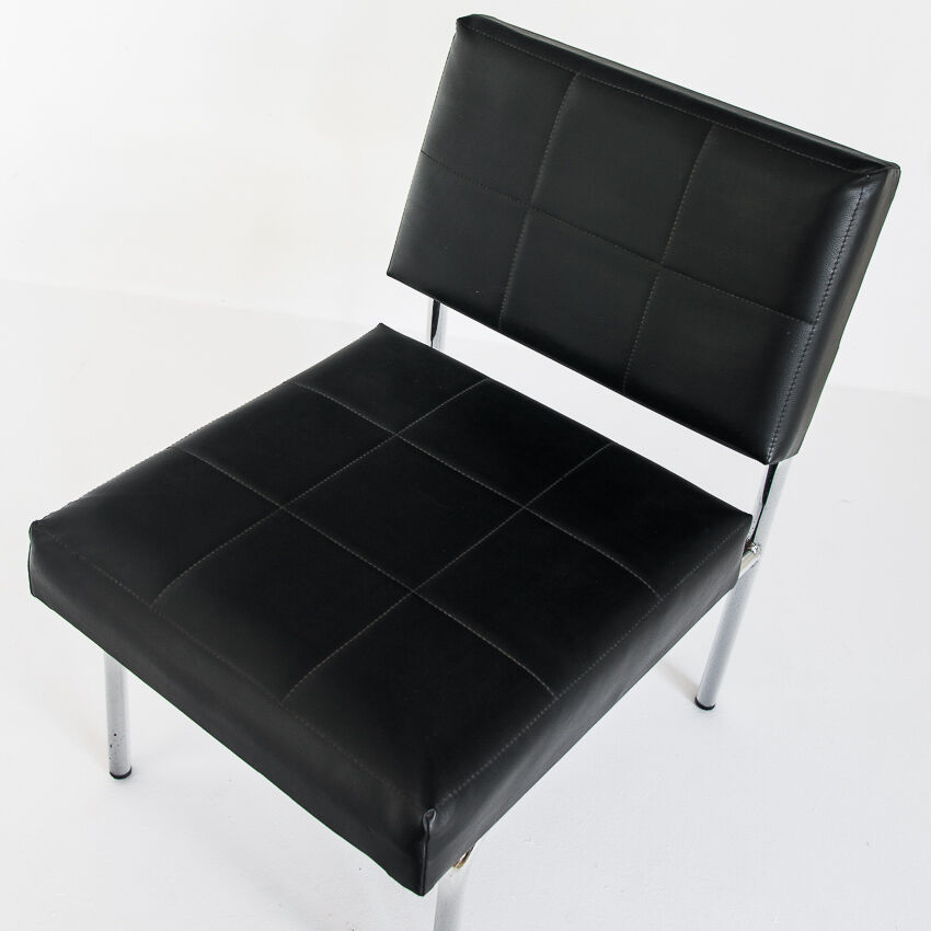 Pair of vintage low armchairs in chrome metal and skaï, Spain 1970