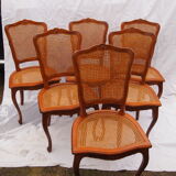 6 old wooden and canning chairs