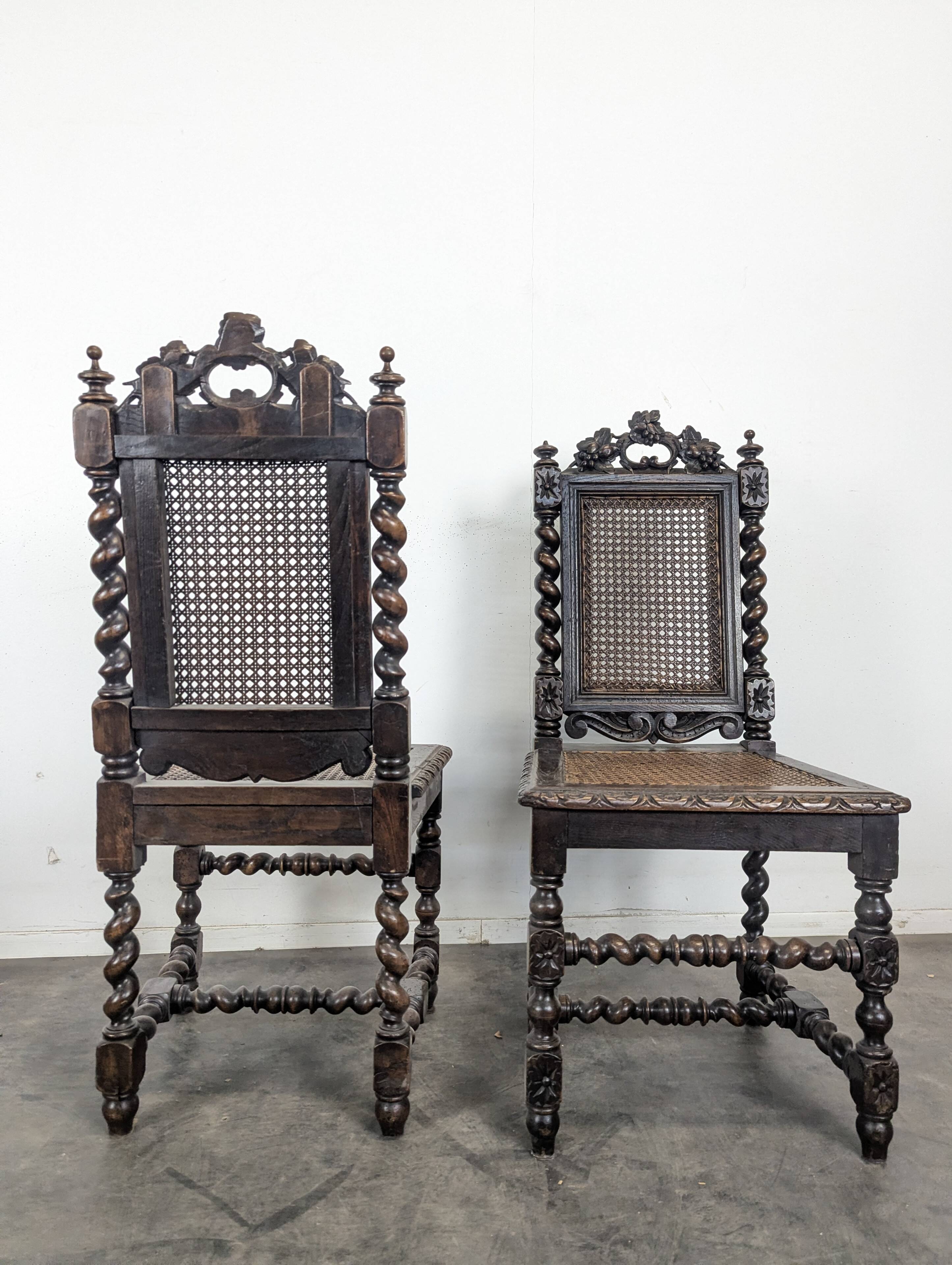 Pair of Louis XIII chairs in twisted oak with caning.