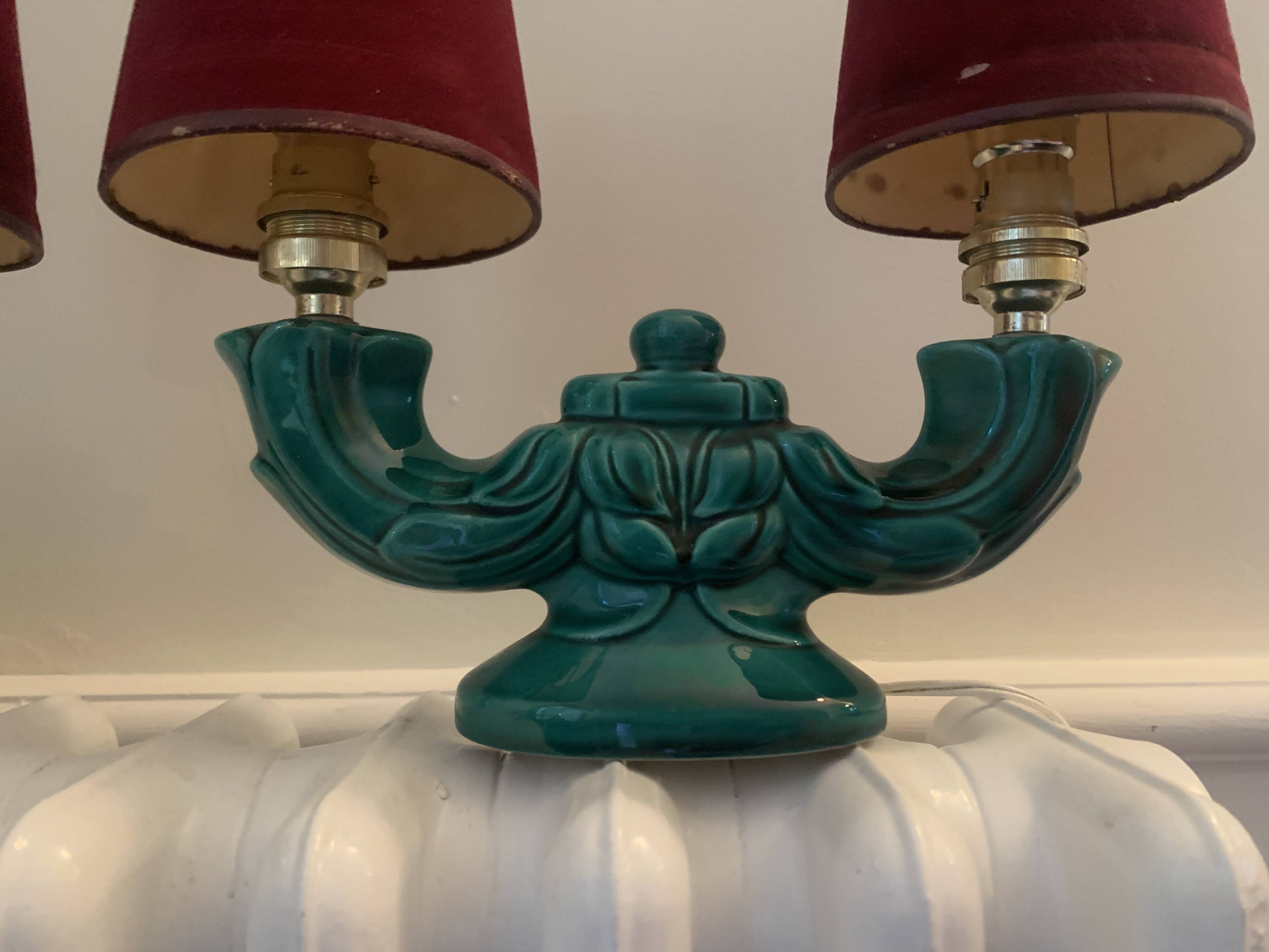 Pair of ceramic lamps with two arms of light, 1940s