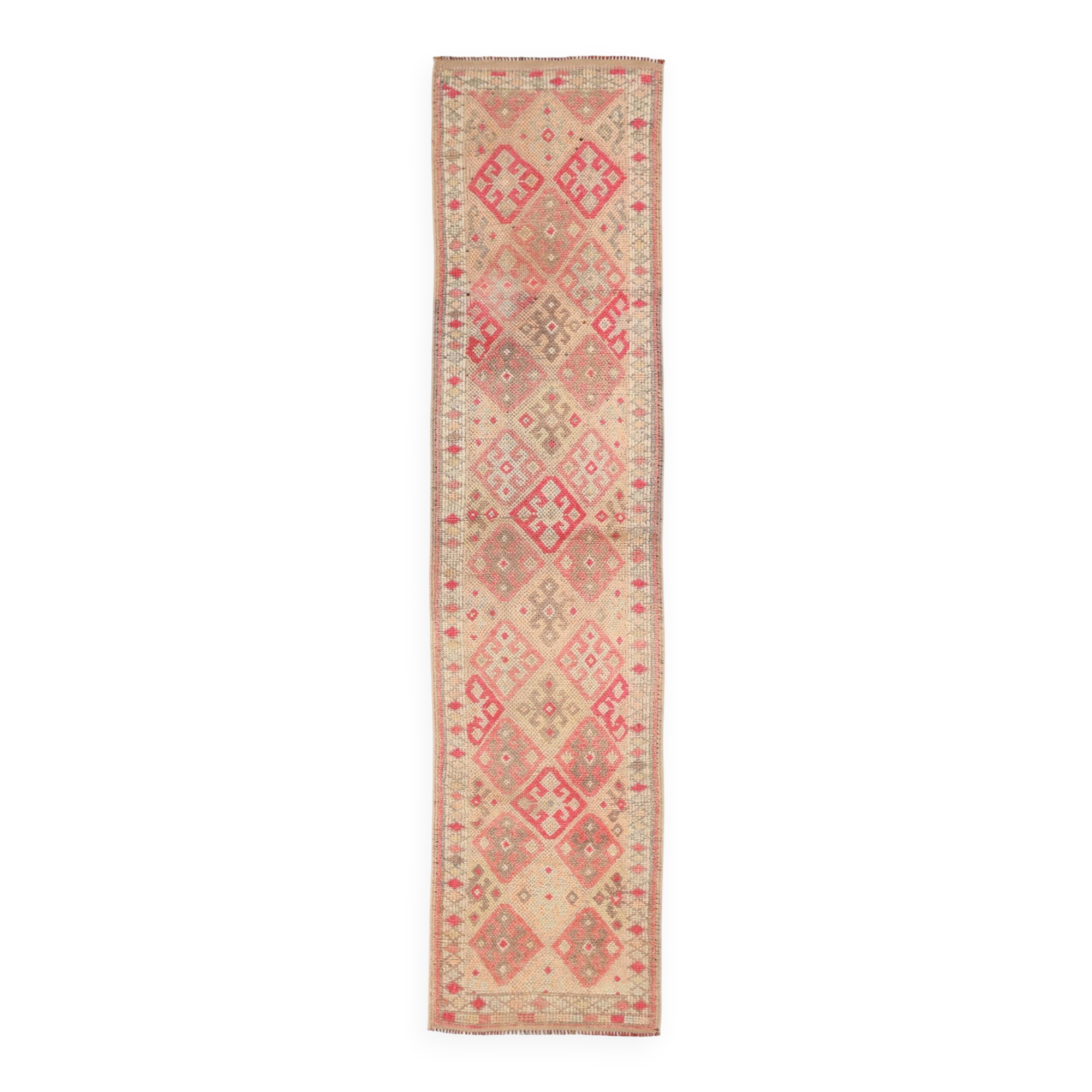Vintage Runner Kilim, Tons Rose et Beige, Motifs Anatoliens Géométriques