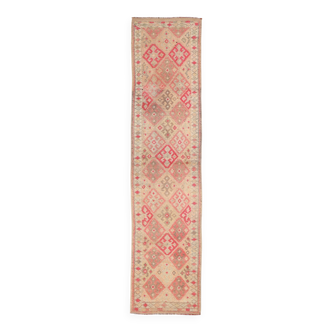 Vintage Runner Kilim, Tons Rose et Beige, Motifs Anatoliens Géométriques