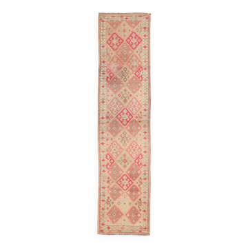 Vintage Runner Kilim, Tons Rose et Beige, Motifs Anatoliens Géométriques