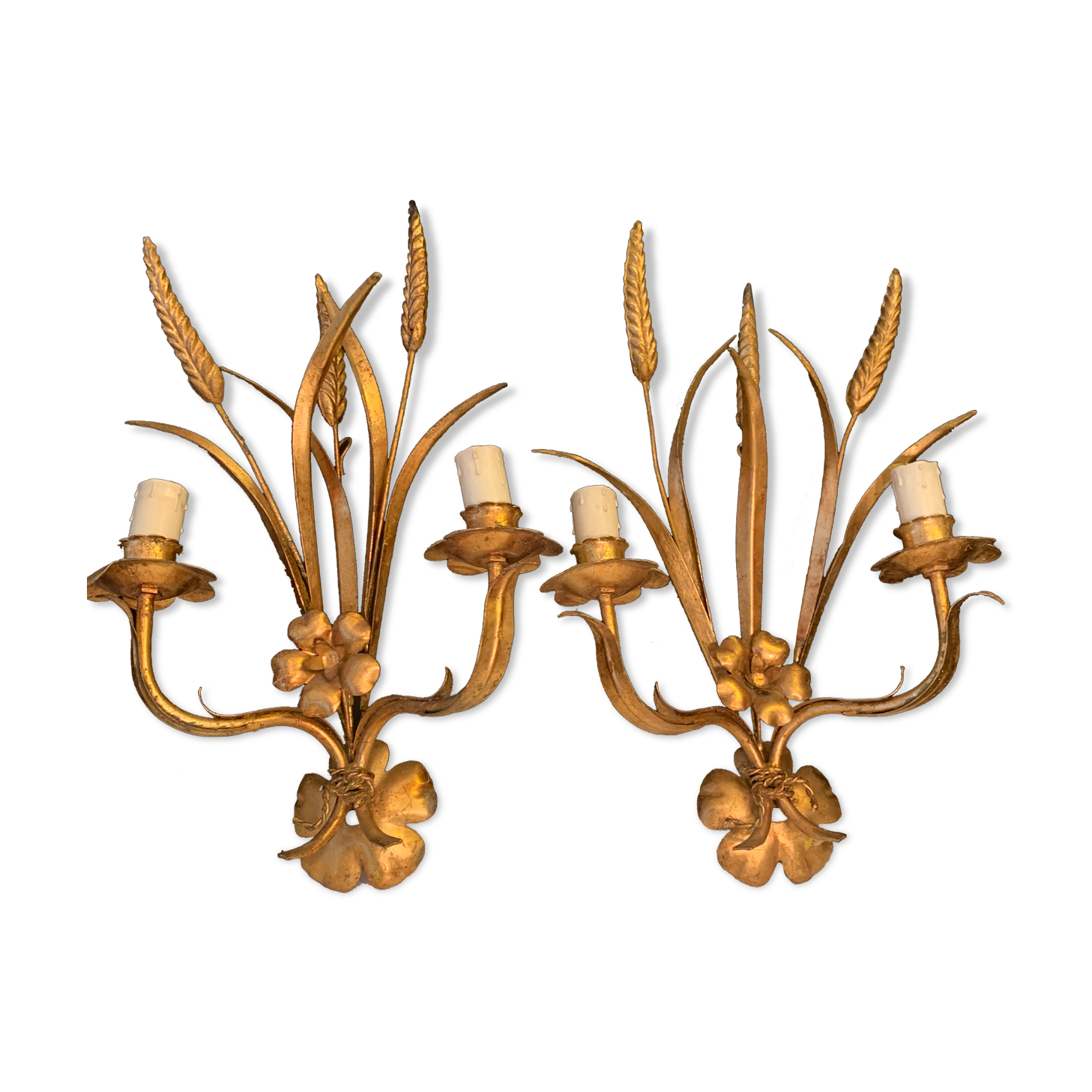 Pair of 1950 design sconces in gold metal sheaf of wheat