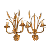 Pair of 1950 design sconces in gold metal sheaf of wheat
