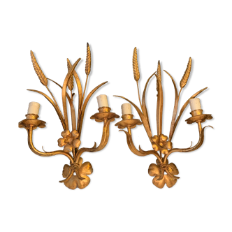 Pair of 1950 design sconces in gold metal sheaf of wheat