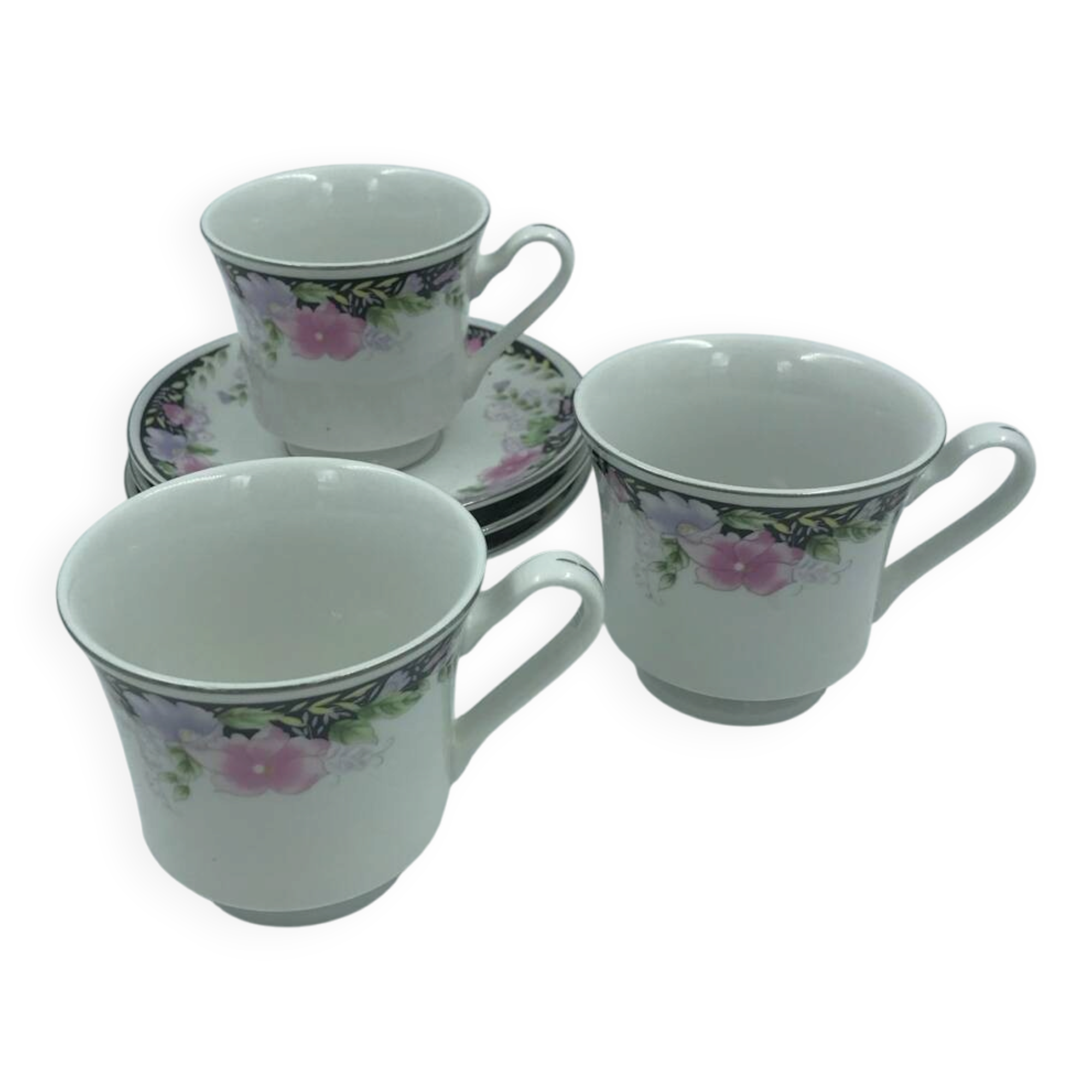 3 large cups and saucers