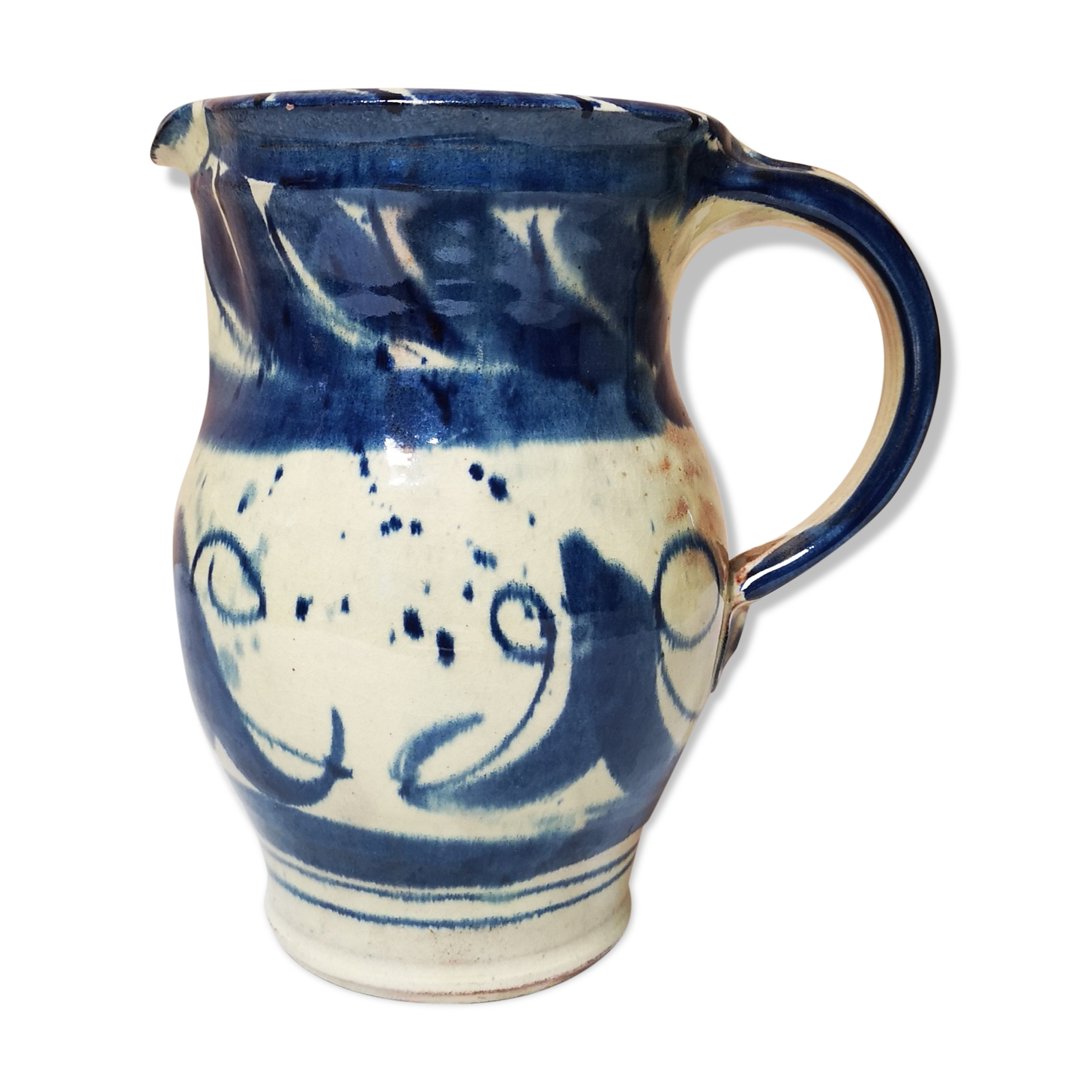 Enamelled ceramic blue pitcher signed by the artist